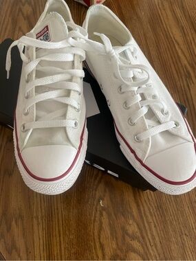 Converse White Low Top Canvas Sneakers with Red Stripe
